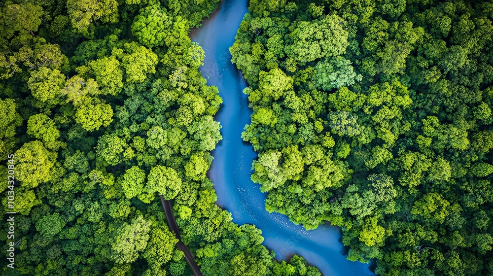 Aerial View of a Meandering River through a Forest.