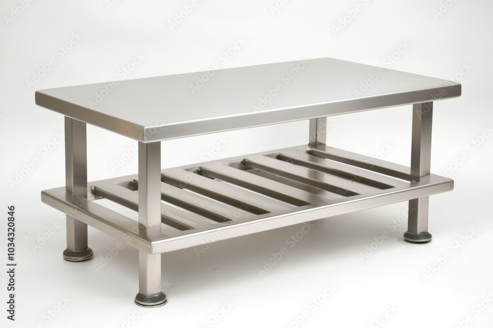 Industrial stainless steel table with a clean, minimalist design, perfect for commercial kitchens or modern, highend culinary workspaces Industrial stainless steel table with a clean, minimalist design, perfect for commercial kitchens or modern, highend culinary workspaces