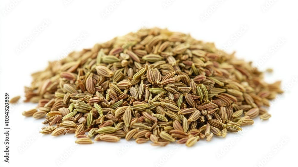 Pile of dry fennel seeds (sounf) isolated on a white background, a closeup view. -- Pile of dry fennel seeds (sounf) isolated on a white background, a closeup view. --