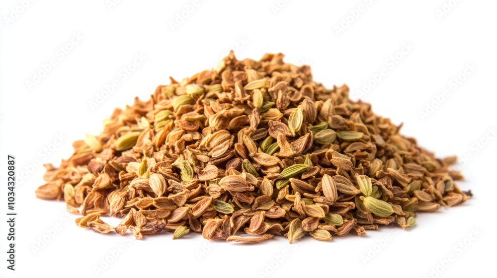 Pile of dry fennel seeds (sounf) isolated on a white background, a closeup view. -- Pile of dry fennel seeds (sounf) isolated on a white background, a closeup view. --