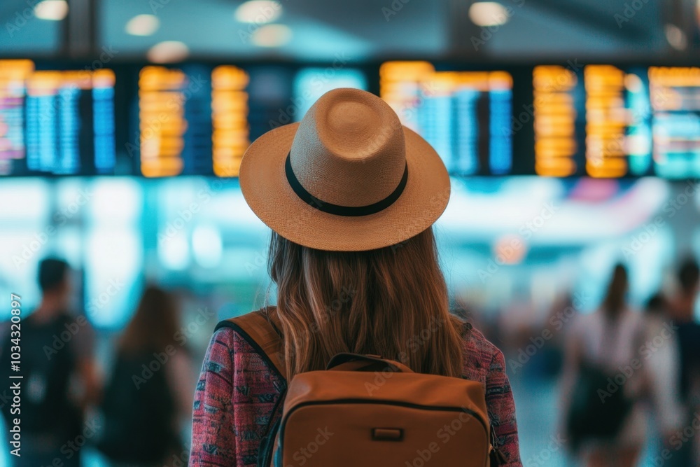 A woman looking at flight boards in an airport, wearing a hat and backpack, in a busy scene Generative AI A woman looking at flight boards in an airport, wearing a hat and backpack, in a busy scene Generative AI
