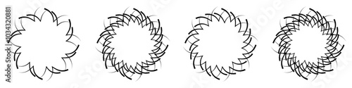 Abstract geometric design in circle shape with spiral lines. Radial rotating shape. Set of four geometric circular decorative frames forming a flower.