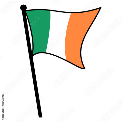 The Ireland flag flutters and waves on the flagpole. For icons, banners, emblems etc. Editable and scalable vector graphic illustration isolated eps file.