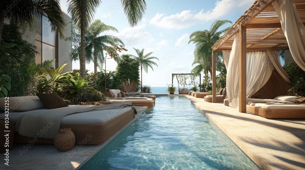 Fototapeta premium Poolside beds at a resort, perfect for a holiday getaway. -