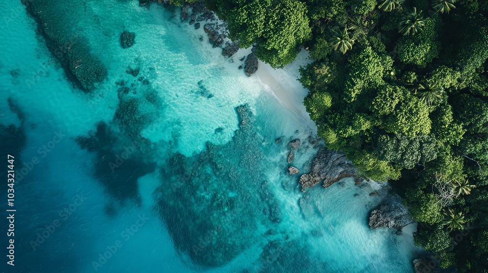 Aerial view of a tropical beach paradise with turquoise waters. Aerial view of a tropical beach paradise with turquoise waters.