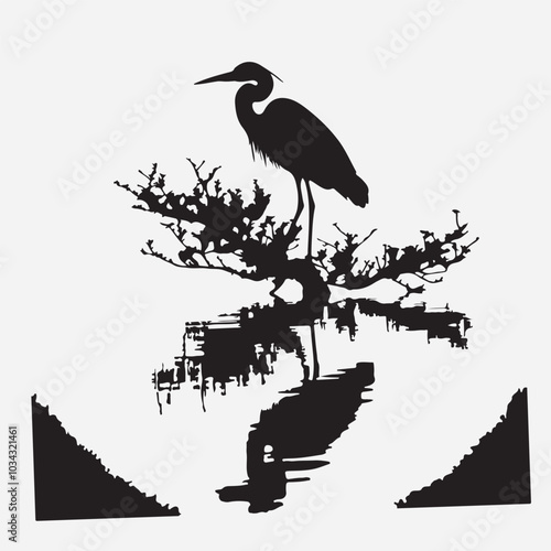Herron Silhouette image. Herron sitting on a bench.