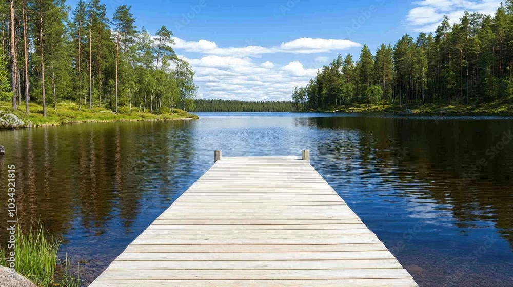 A peaceful wooden dock leads into a still lake, bordered by vibrant green trees and softly reflecting the blue sky overhead, creating a serene and calming atmosphere. A peaceful wooden dock leads into a still lake, bordered by vibrant green trees and softly reflecting the blue sky overhead, creating a serene and calming atmosphere.