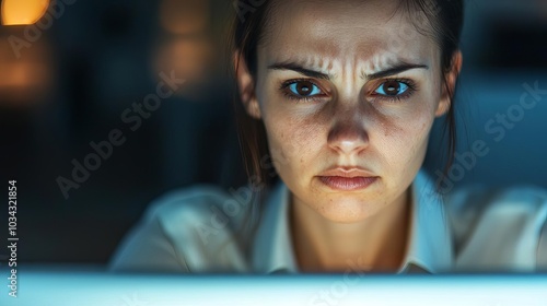 Unhappy businesswoman s face in closeup, dark circles under her eyes, illuminated by her computer screen, depicting workplace burnout