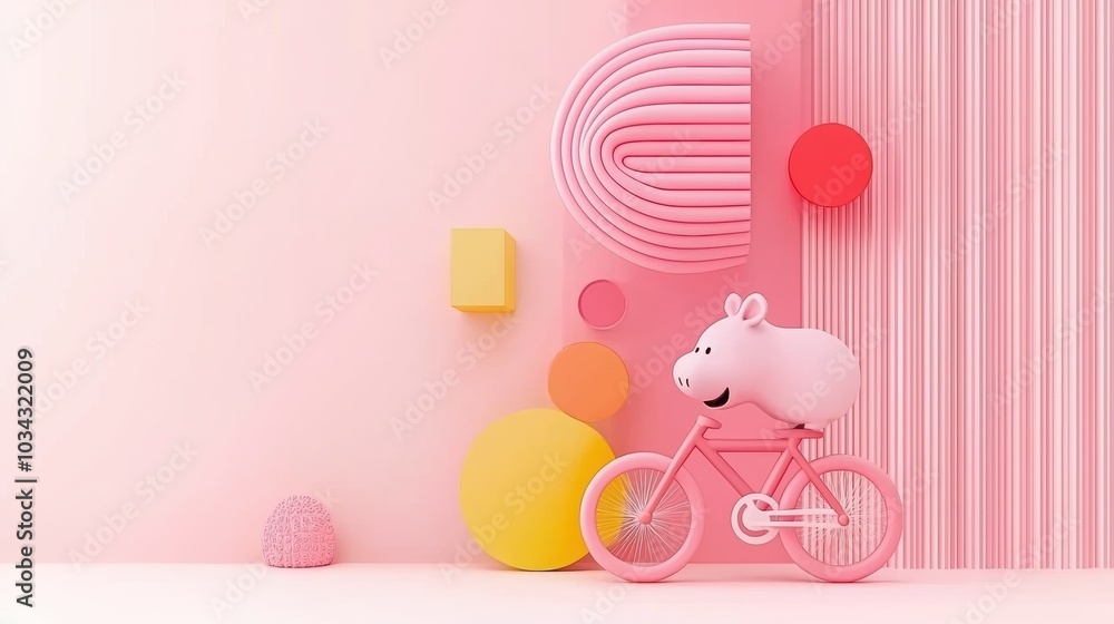 Playful pink scene featuring a cute animal on a bicycle surrounded by colorful geometric shapes, perfect for children's themes. Playful pink scene featuring a cute animal on a bicycle surrounded by colorful geometric shapes, perfect for children's themes.