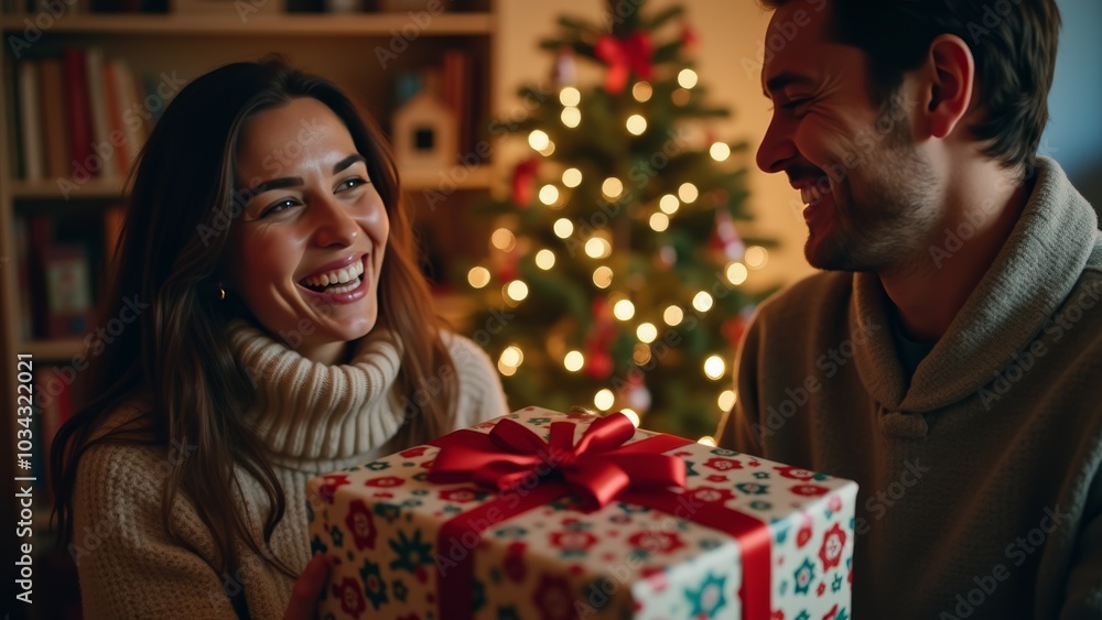 A joyful couple exchanges a beautifully wrapped gift by a decorated Christmas tree in a cozy living room during the festive season A joyful couple exchanges a beautifully wrapped gift by a decorated Christmas tree in a cozy living room during the festive season