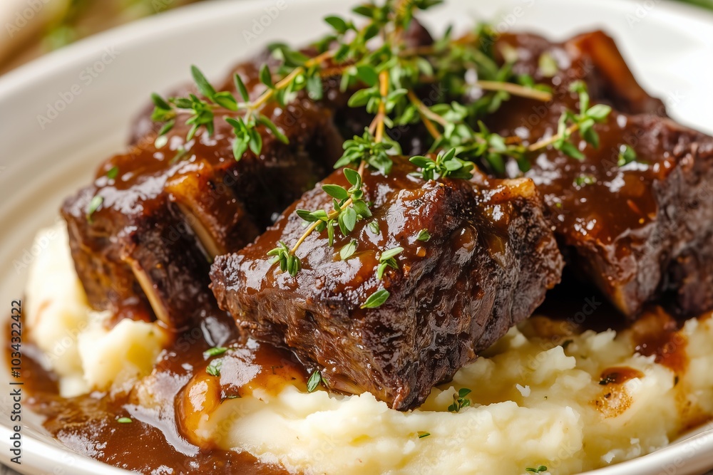.tender red wine braised short ribs served over creamy mashed potatoes, topped with fresh thyme and a rich, glossy sauce .tender red wine braised short ribs served over creamy mashed potatoes, topped with fresh thyme and a rich, glossy sauce