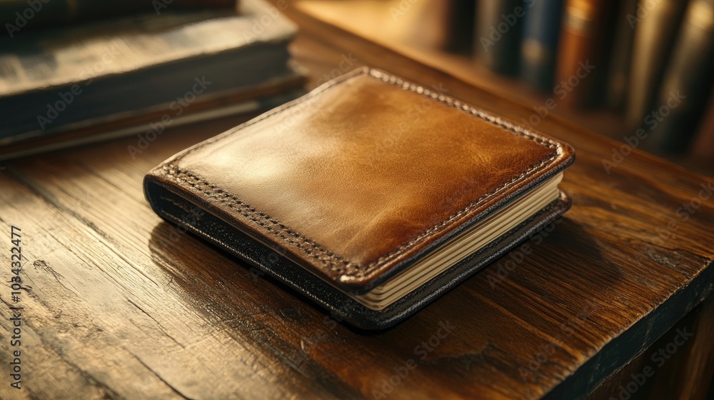 A close-up of a personalized leather wallet resting on a wooden table, exuding a sense of craftsmanship A close-up of a personalized leather wallet resting on a wooden table, exuding a sense of craftsmanship