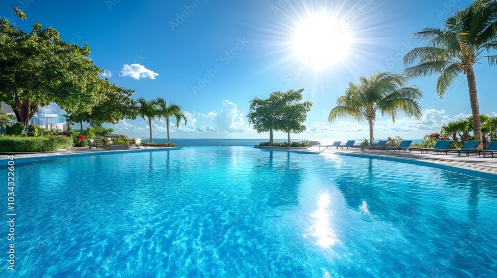 A bright blue swimming pool offering a relaxing vacation atmosphere. A bright blue swimming pool offering a relaxing vacation atmosphere.