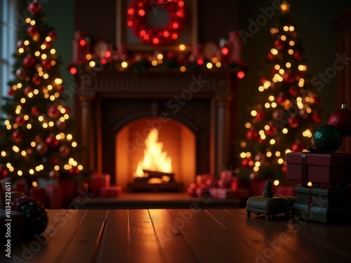 A cozy Christmas living room with a glowing fireplace, decorated trees, and stacked presents during the festive holiday season