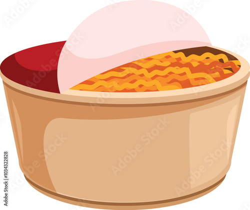 Cardboard container filled with noodles and sauce, covered with plastic wrap, ready for delivery