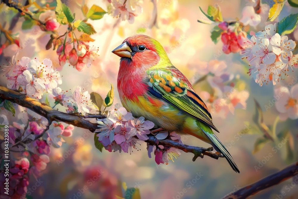 A finch resting on a branch surrounded by spring blossoms its colorful feathers blending with the blooming flowers A finch resting on a branch surrounded by spring blossoms its colorful feathers blending with the blooming flowers