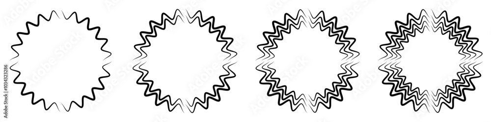 Abstract geometric design in circle shape with spiral lines. Radial rotating shape. Set of four black and white circular guilloche pattern rosette. Abstract geometric design in circle shape with spiral lines. Radial rotating shape. Set of four black and white circular guilloche pattern rosette.