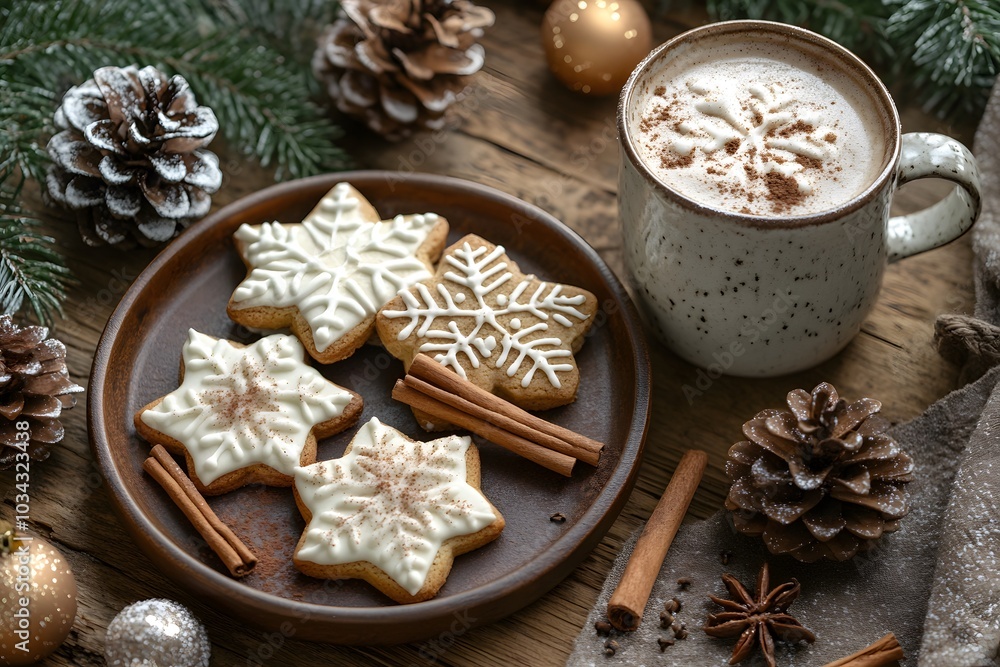 Delicious snowflake cookies and hot chocolate on a cozy winter evening. Generative AI. Delicious snowflake cookies and hot chocolate on a cozy winter evening. Generative AI.