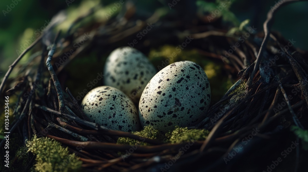 A close-up of speckled Easter eggs resting in a nest made of twigs and soft moss A close-up of speckled Easter eggs resting in a nest made of twigs and soft moss