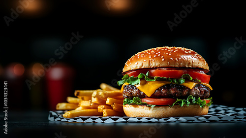 Delicious burger with fries on a paper holder, dark background. photo