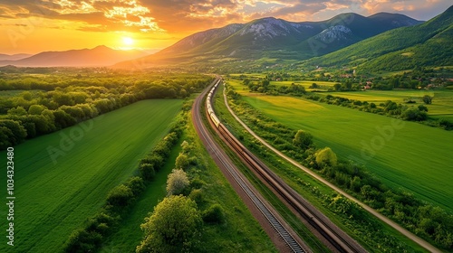 Aerial view of modern high speed train moving near alpine mountains and green fields, bike path at sunset in spring. Top view of train, railroad, road, meadows in summer. Railway station in Croatia.