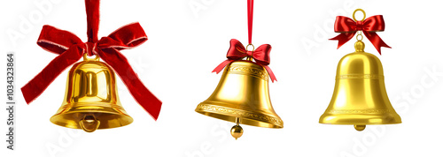Set of Golden Christmas bells with red bow isolated on a transparent background.