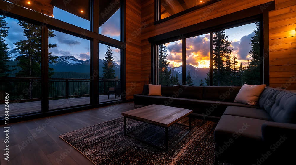 Modern cabin interior with sunset view through large windows. Modern cabin interior with sunset view through large windows.