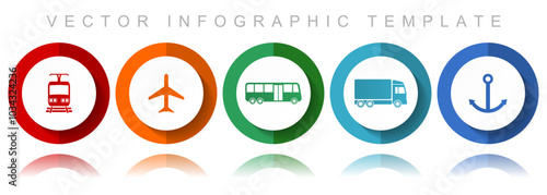 Transport vector icon collection, miscellaneous icons such as train, plane, bus, truck and anchor, flat design infographic template in eps 10
