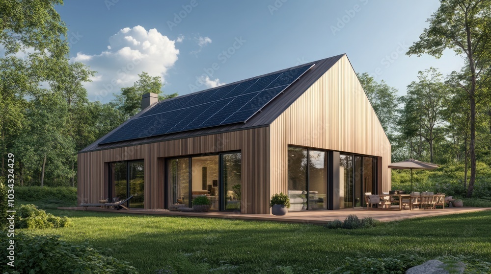 A modern house with solar panels installed on the roof, providing energy for the heating system A modern house with solar panels installed on the roof, providing energy for the heating system