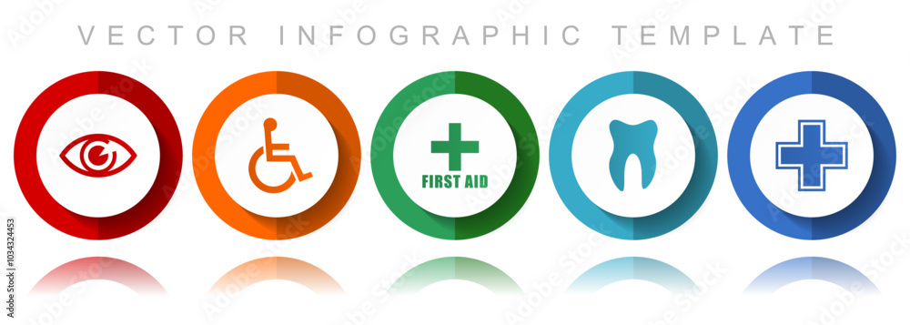 Hospital vector icon collection, miscellaneous icons such as eye, wheelchair, first aid, dentist and cross, flat design infographic template in eps 10 Hospital vector icon collection, miscellaneous icons such as eye, wheelchair, first aid, dentist and cross, flat design infographic template in eps 10