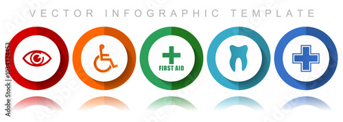 Hospital vector icon collection, miscellaneous icons such as eye, wheelchair, first aid, dentist and cross, flat design infographic template in eps 10