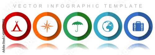 Adventure vector icon collection, miscellaneous icons such as tent, navigation, umbrella, globe and case, flat design infographic template in eps 10