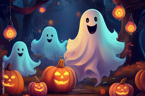 happy halloween with ghosts and pumpkins
