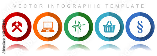Commerce vector icon collection, miscellaneous icons such as mining, laptop, wind turbine, shop basket and law, flat design infographic template in eps 10