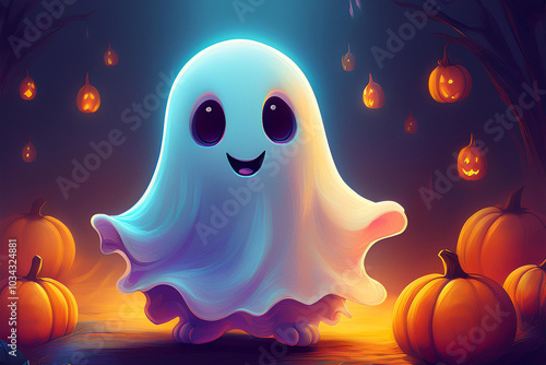 happy halloween cute ghost with  pumpkins cartoon style.
