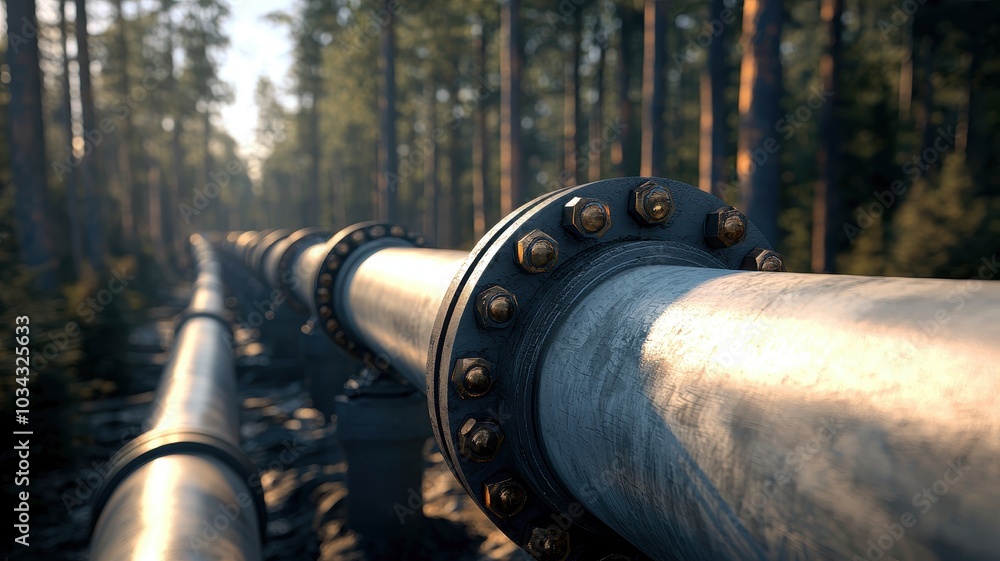 A network of metallic pipes stretches through a lush forest, showcasing industrial infrastructure in natural surroundings. A network of metallic pipes stretches through a lush forest, showcasing industrial infrastructure in natural surroundings.