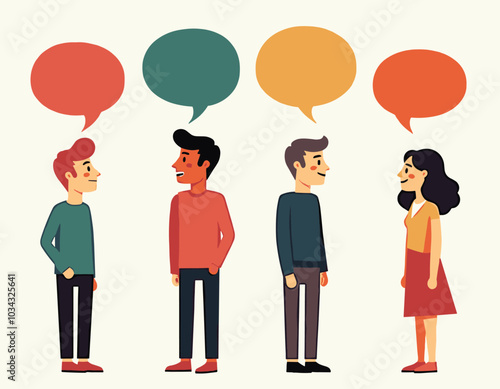 Four cartoon characters, diverse in gender and ethnicity, engage in conversation with colorful speech bubbles representing dialogue and expression above them.