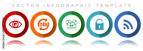 Media vector icon collection, miscellaneous icons such as eye, 24h, music recorder, padlock and signal, flat design infographic template in eps 10