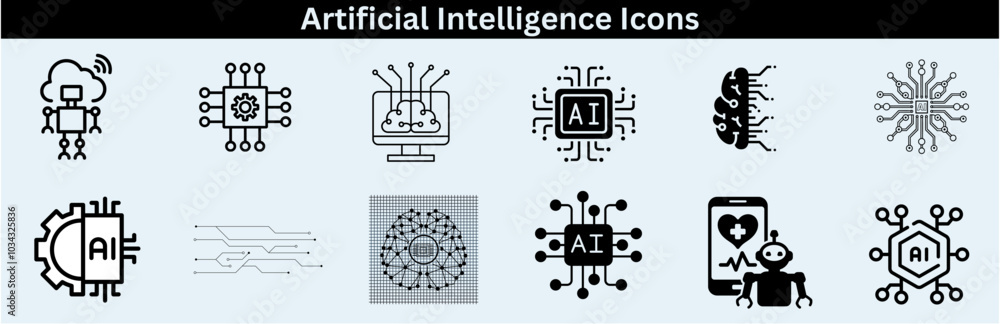 Set of artificial intelligence line icons. Technology, AI, digital, brain, chip etc. Artificial Intelligence Line Editable Icons set—vector illustration in the modern thin-line style of AI technology. Set of artificial intelligence line icons. Technology, AI, digital, brain, chip etc. Artificial Intelligence Line Editable Icons set—vector illustration in the modern thin-line style of AI technology.