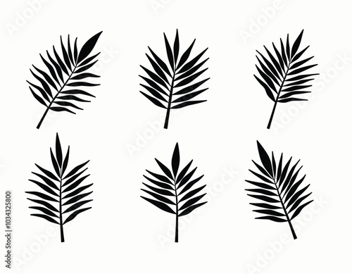 Minimalist black palm leaf silhouettes arranged in two rows of three against a white background. photo