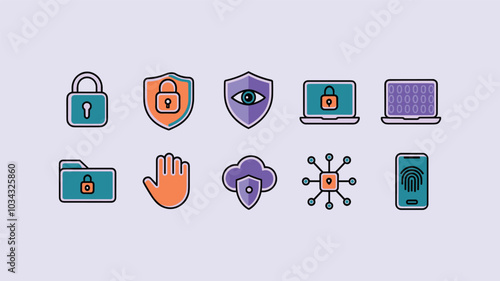 Illustrated security icons including padlocks, shields, fingerprint, cloud, and network for cybersecurity concepts on a light purple background.