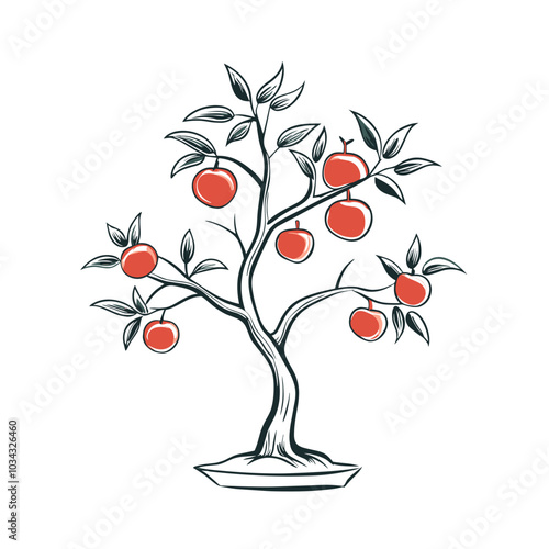 Mandarin tree illustration with fruits in red for Lunar New Year celebration