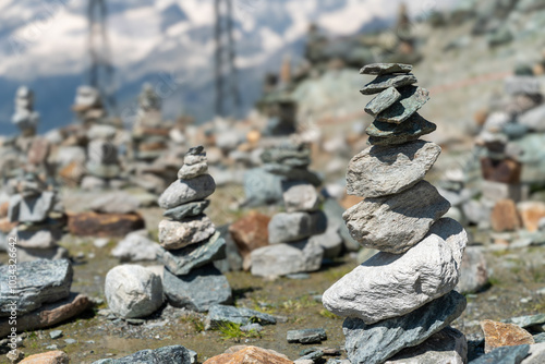Canvas Print Rock cairn garden for rock stacking - Gornergrat, Switzerland