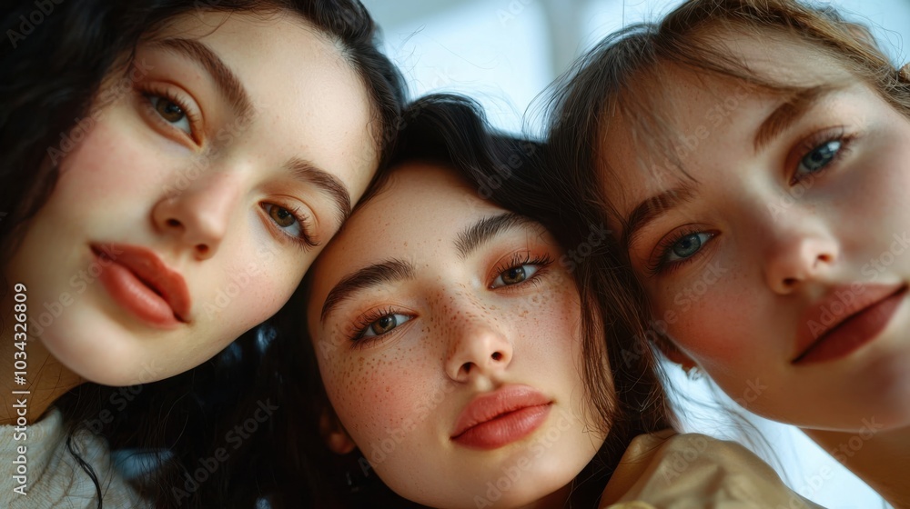 Low angle of young pretty Asian and Caucasian ladies with different types of skin standing near each other and looking at camera in studio. Beauty, facial treatment and spa concept Low angle of young pretty Asian and Caucasian ladies with different types of skin standing near each other and looking at camera in studio. Beauty, facial treatment and spa concept