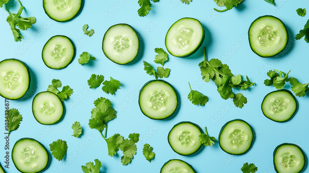 Fresh Cucumber Slices and Cilantro on Blue Background Fresh Cucumber Slices and Cilantro on Blue Background