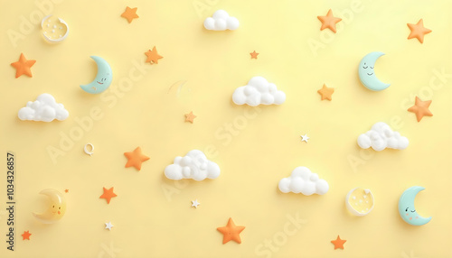 sunny wallpaper on a light yellow background featuring simple cartoon-style clouds - kids wallpaper