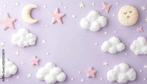 whimsical wallpaper with a lavender background, filled with simple cartoon-style clouds - kids wallpaper