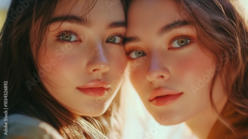 Low angle of young pretty Asian and Caucasian ladies with different types of skin standing near each other and looking at camera in studio. Beauty, facial treatment and spa concept