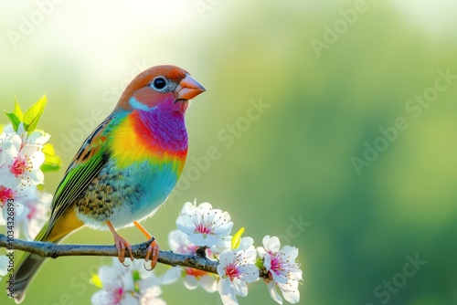 A vibrant finch perched on a blossoming branch its colorful feathers catching the light against a blurred green background