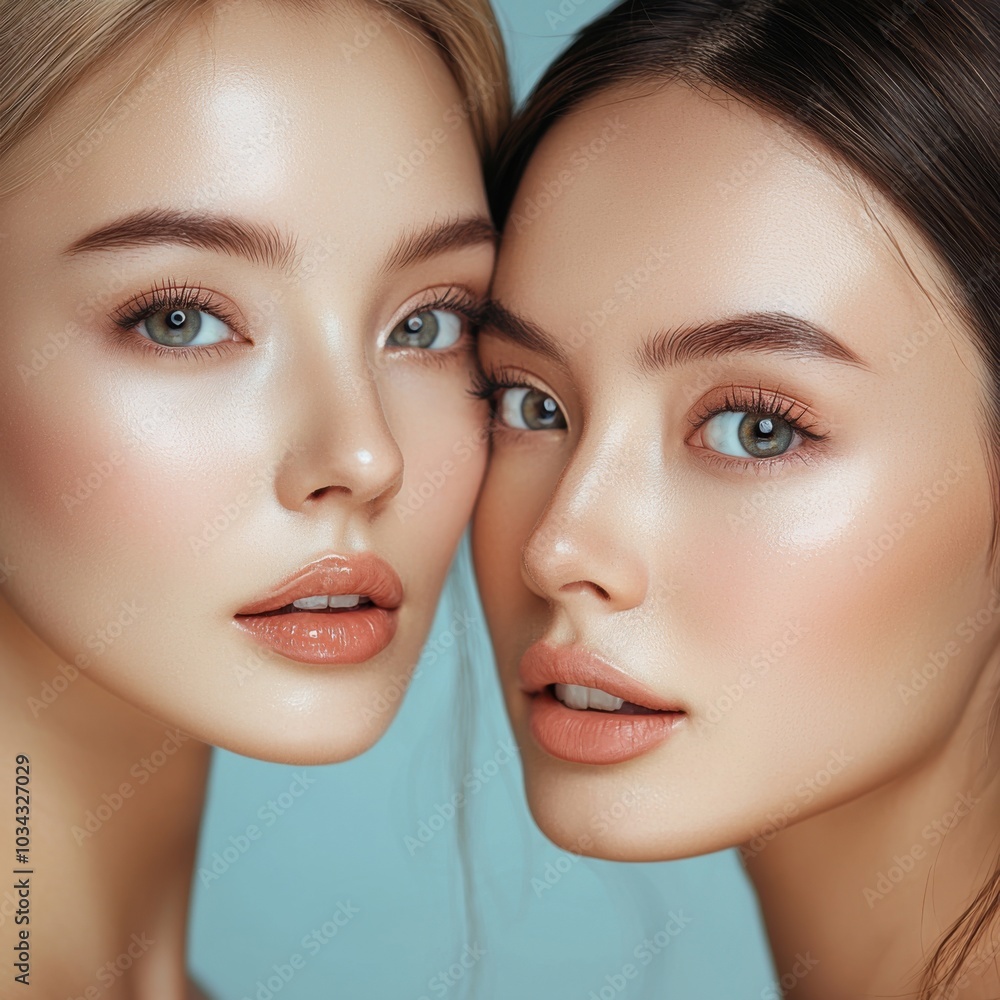 Low angle of young pretty Asian and Caucasian ladies with different types of skin standing near each other and looking at camera in studio. Beauty, facial treatment and spa concept Low angle of young pretty Asian and Caucasian ladies with different types of skin standing near each other and looking at camera in studio. Beauty, facial treatment and spa concept